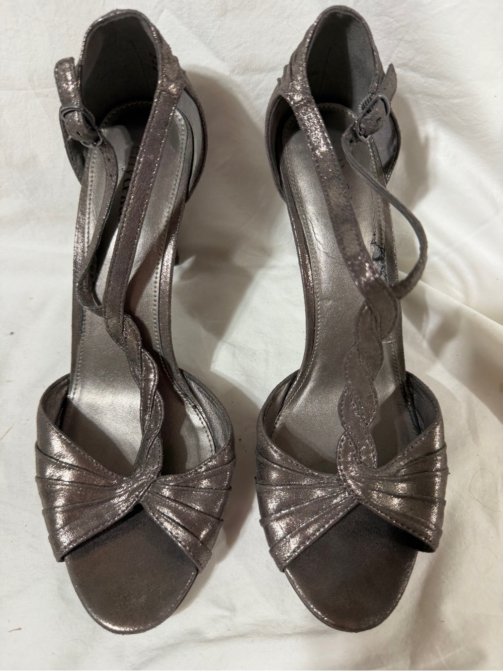 Kelly & Katie Metallic Pewter T-Strap Heeled Sandals